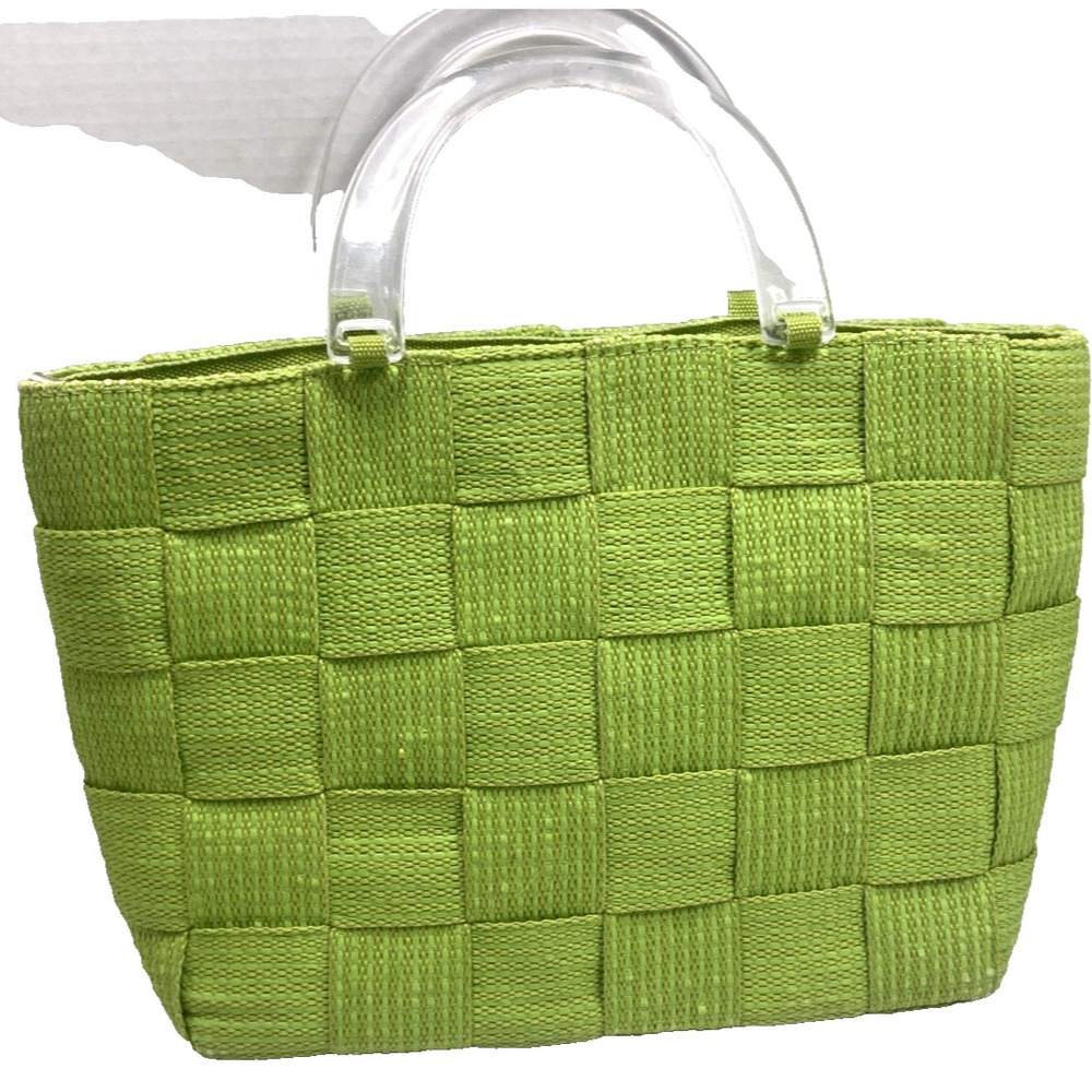 Vtg M&G Bertini Italy Seatbelt Woven Handbag Purse Lucite‎ Handles Lime Green